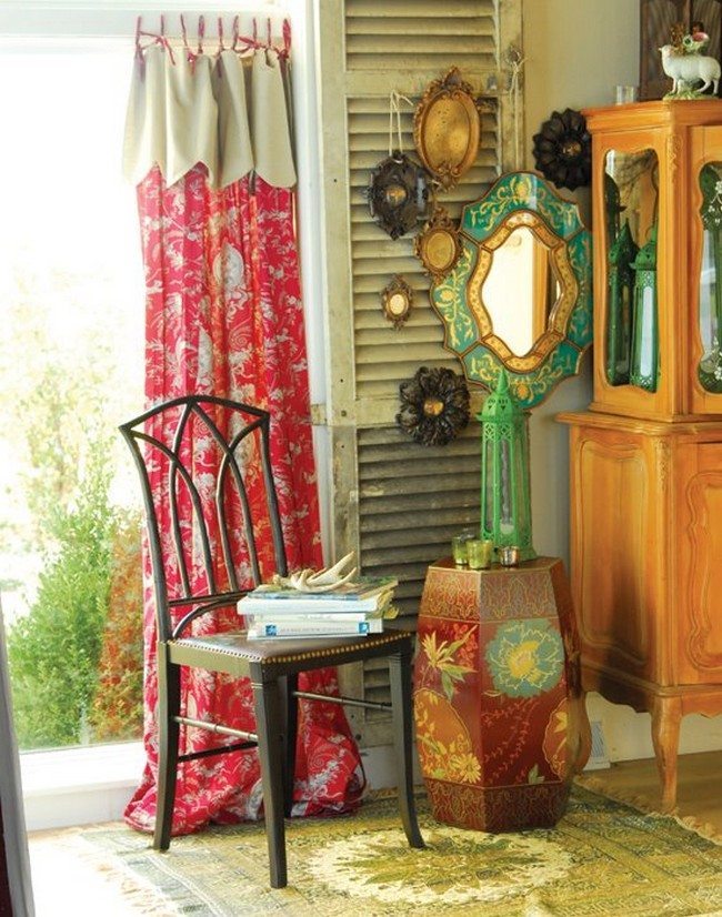 metal chait with soft seater red flowers curtains