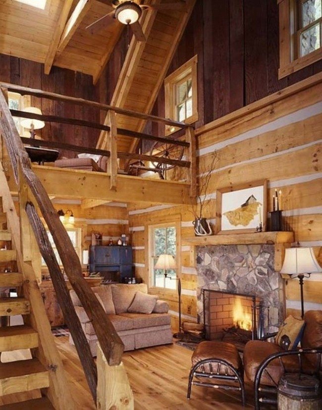 cabin log decorating decor furniture around fireplace