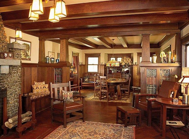 living room of craftsman design wooden floor aand table with chairs