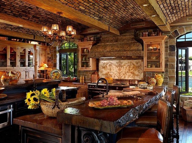 Awesome kitchen design ideas with cozy atmosphere also wooden log dining table made from thick surface as well as unique ceiling beams and classic chandeliers