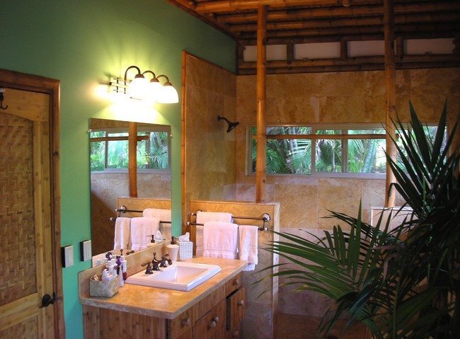 bathroom with the ceiling made from bamboo