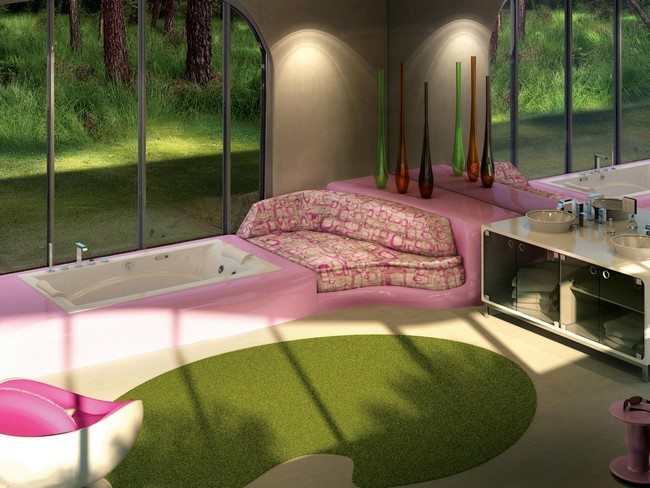 pink bathroom with green carpet on the floor. arch windows made from birch