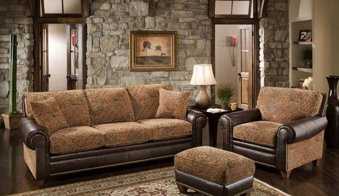 Brown Seating Sofa And chairs for Rustic Stone Living Room Decor with Ethnic Carpet and Lamp Shade