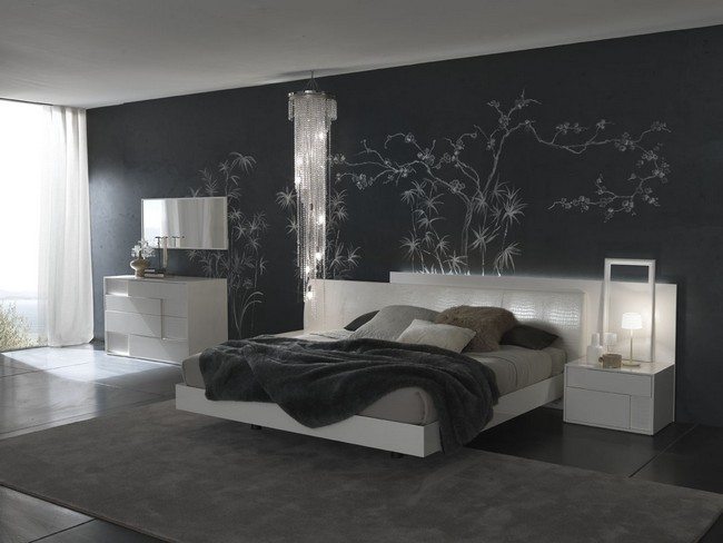 white and black style bedroom with ornament on the wall