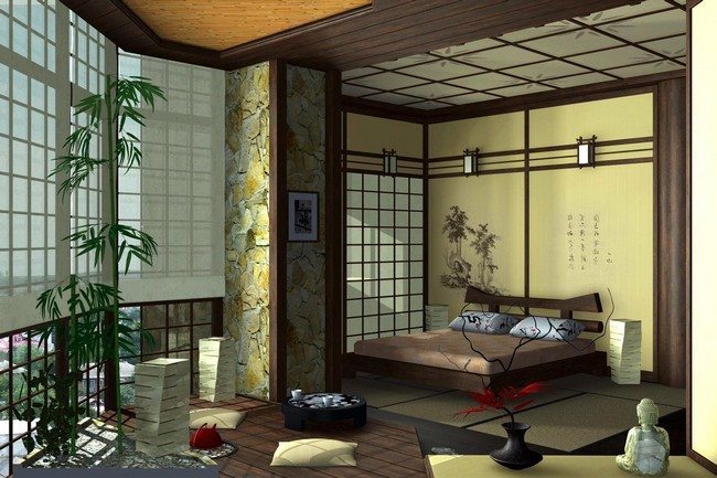 green style bedroom qith wooden and bamboo walls