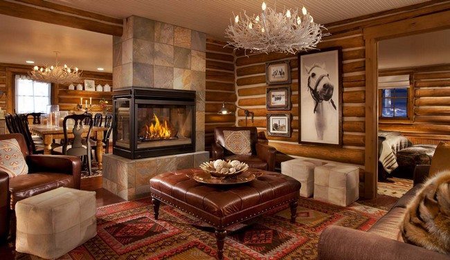 Luxurious Rustic Living Room Decor with Brown Ottoman Table and Eastern Ethnic Carpet under Unique Chandelier Corner fireplace