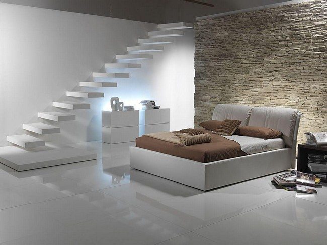 double bed idea with brisck wall and white ledder leading to a basement