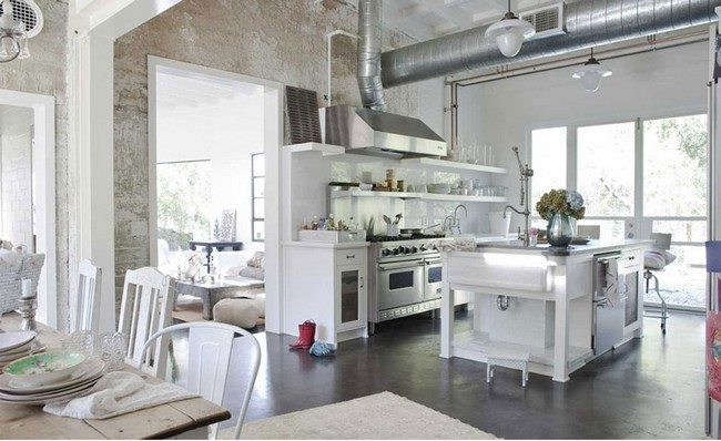 White-Shabby-Chic-Kitchen wooden effeсе metal tube with metal 