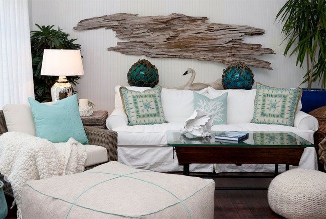 beach inspired living room with swan on the back of the sofa
