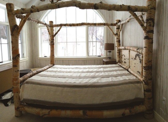 bedroom rustic log wood canopy bed using white brown striped pattern bed linen king size bed frame with soft thick mattress