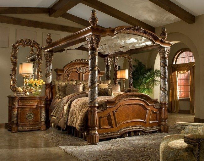 bedroom victorian style brown glaze wooden,bed with carved poles using brown bedding set , log wood ceiling bed frame, eastern style carpets on the floor