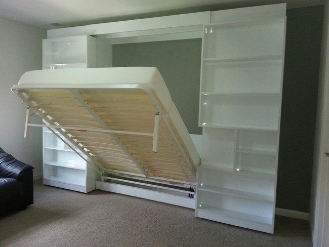 murphy bed design idea with shelesv from the right and left white color with glass