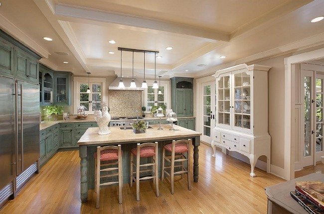 kitchen with table for six, white craftsman ceiling with long light