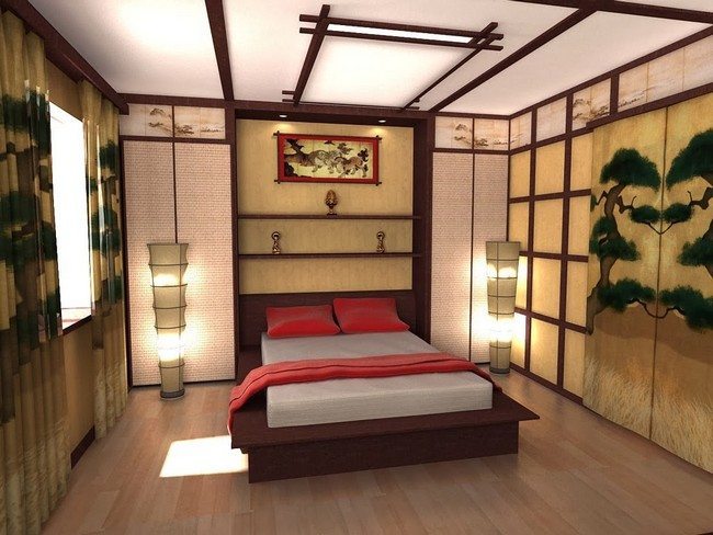 bamboo decor of the japanese bedroom with lantern