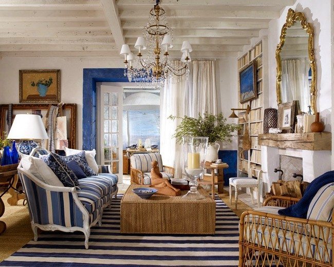 big old lamp and white blue stripes sofa with the same carpet