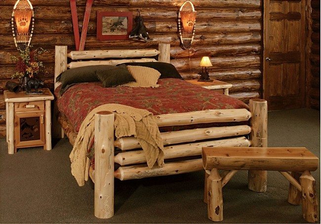 double wooden bed in the wooden house made of whole wood