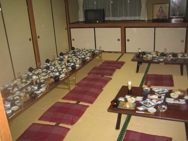 ryokan hotel dining hall with different traditional japanese or asian food