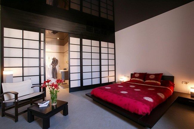 japanese bedromm in the movie with double red and walls made from wood and plastic