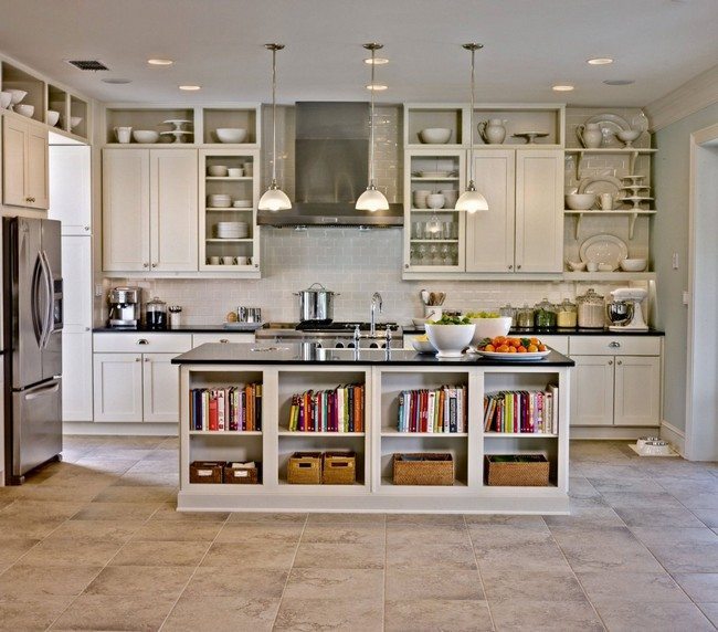 white stone tiles on the floor with white kitchen cabinet with table with cooker and some shelves
