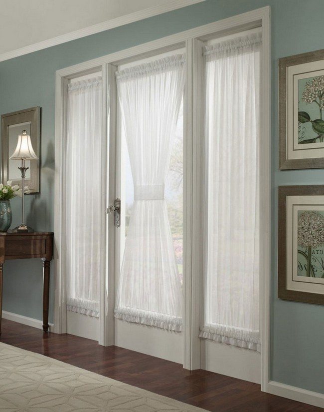 french door curtain of a white color in the olive room