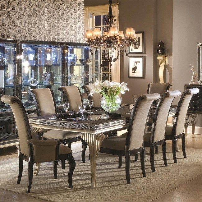 brown table with vase on it with 8 chairs with high back