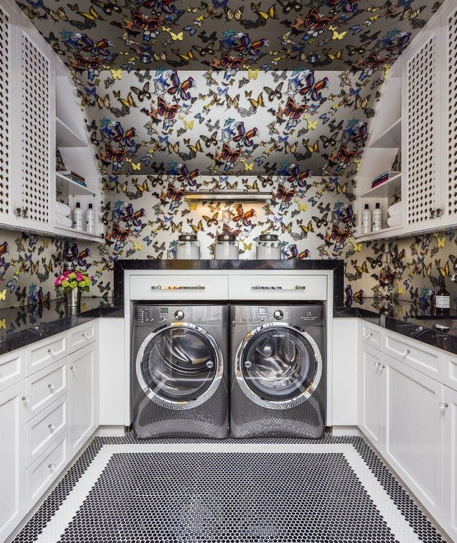 Eye-catching wallpaper used to beautifully match the washing hardware and floor of the room
