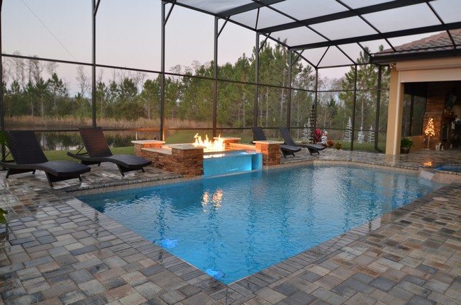Backyard Landscape Retreats with pool and roof with fire place 
