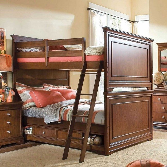 double bank bed made of oak wood with chestdraw and wooden ledder