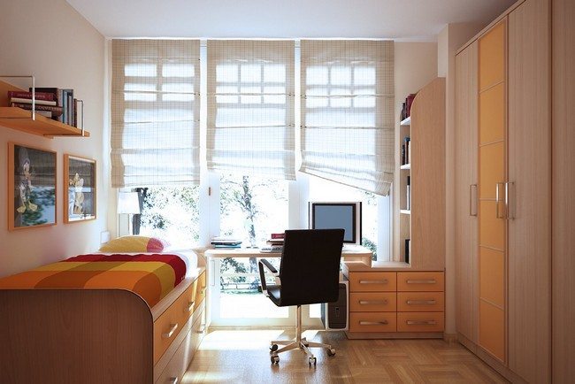 Teenage bedroom with wall closet, bed and desk with drawers for storage