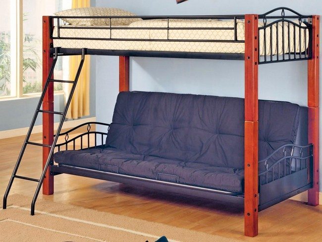 metal bank bed with the bed and blue sofa
