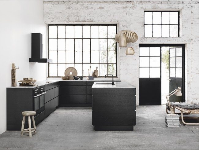 black kitchen cabinet with marble grey floor