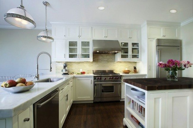 white color brick splash with the dark dloor kitchen