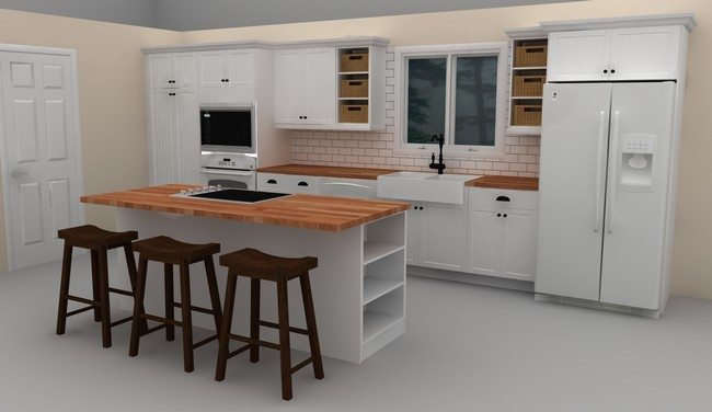 of the white color with two bar chairs on the scandinavian kitchen with a white freezer and fridge