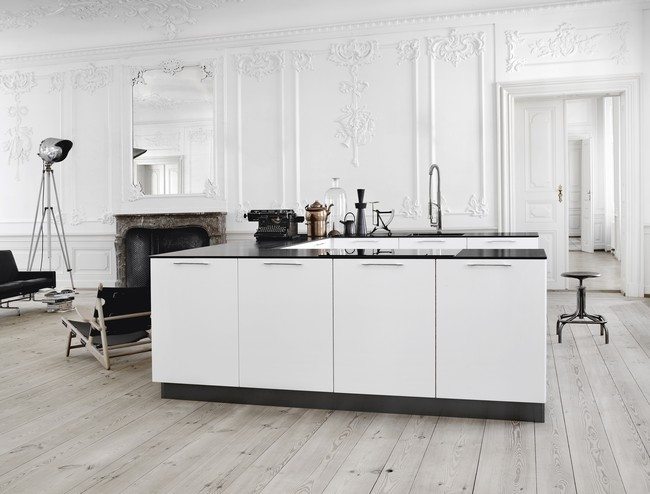 white color kitchen cabinet with marble color wooden floor