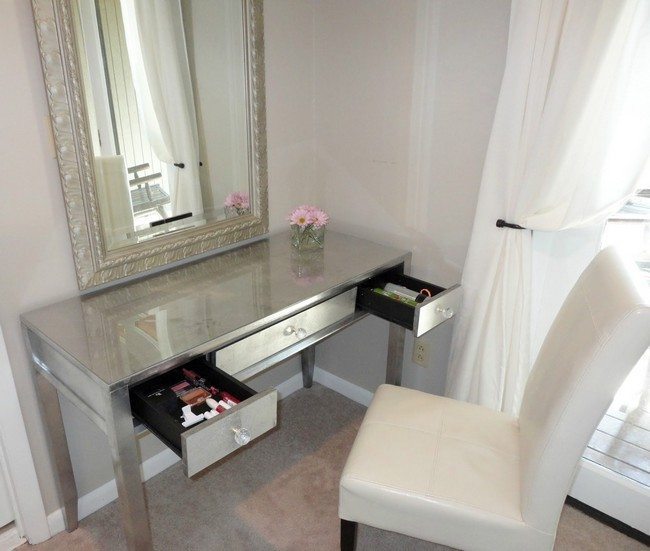 mirrored makeup storage with white chair made drom woode and leather