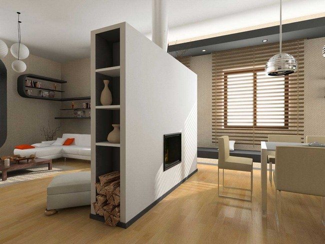 wall with false fireplace as a room divider