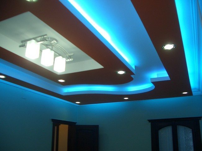 square wooden ceiling with blue led lights