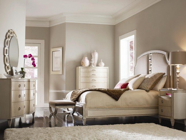 Hollywood Regency White Colors Soft Bedroom with the shhepskin carpet on the floor