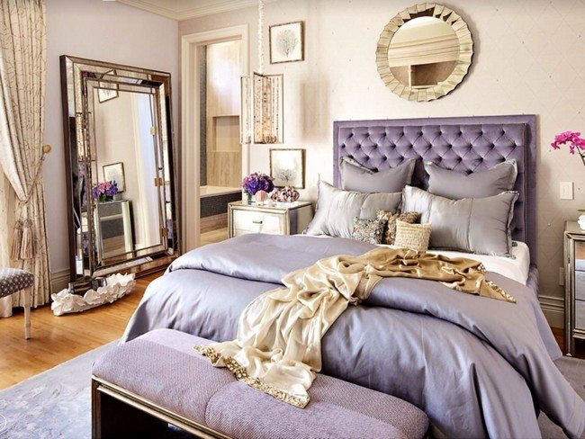 violet Hollywood Regency bedroom With big mirroa on the wall