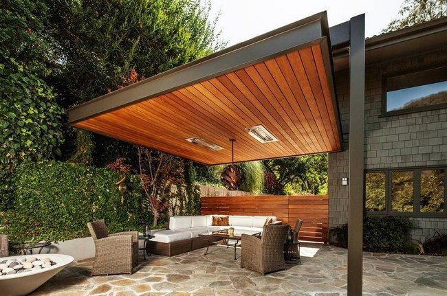 modern pergola designs with wooden roof and lighting