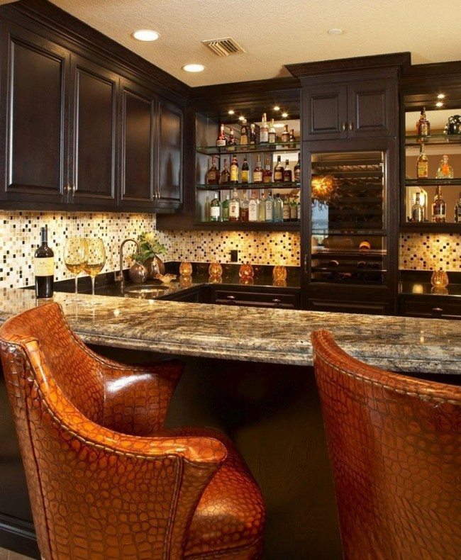 bar with brown chairs and marble stone surface