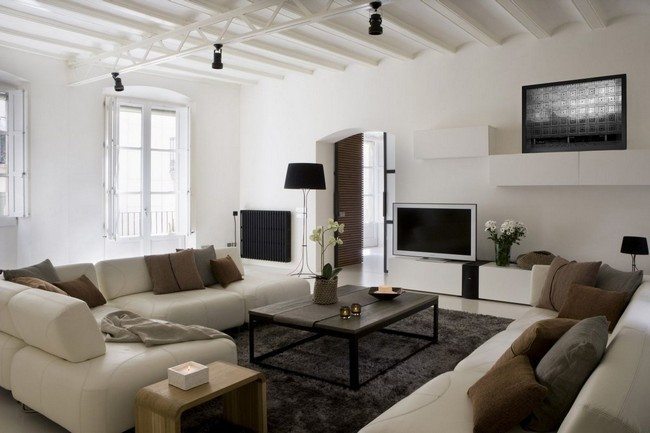 Black and white-themed living room