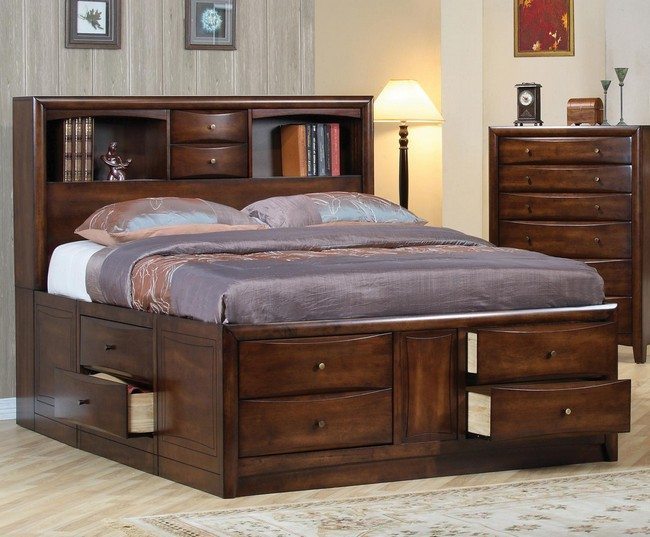 Wooden bed with built-in drawers for storage
