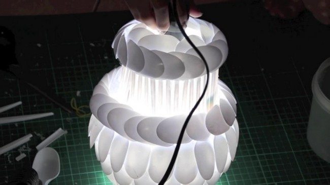 Final DIY lamp made from plastic spoons
