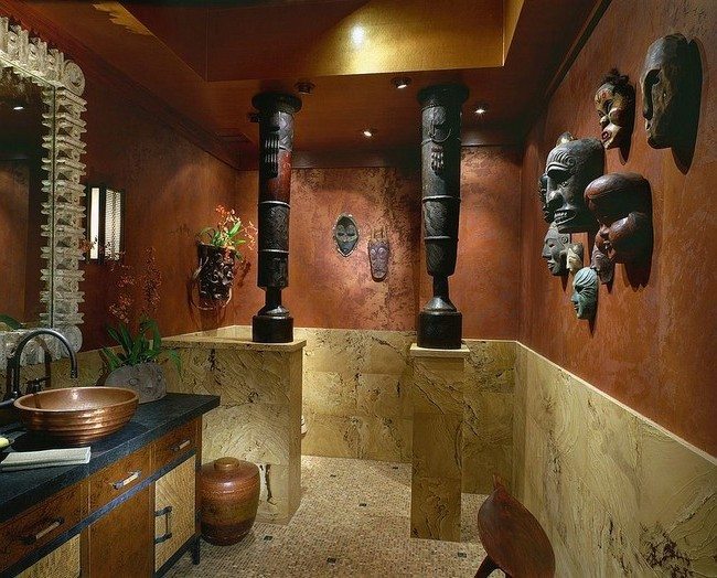 Spacious bathroom with stone wall