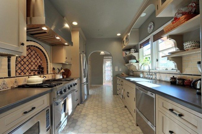Large, spacious kitchen with colorful dishes