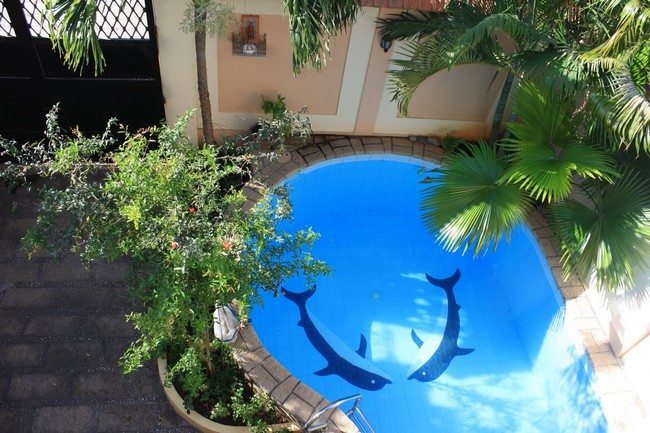 Small, blue pool with dolphin art at the bottom