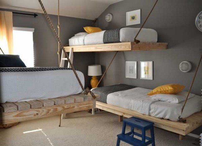 Make the bunk beds a lot more fun with a slide and ropes