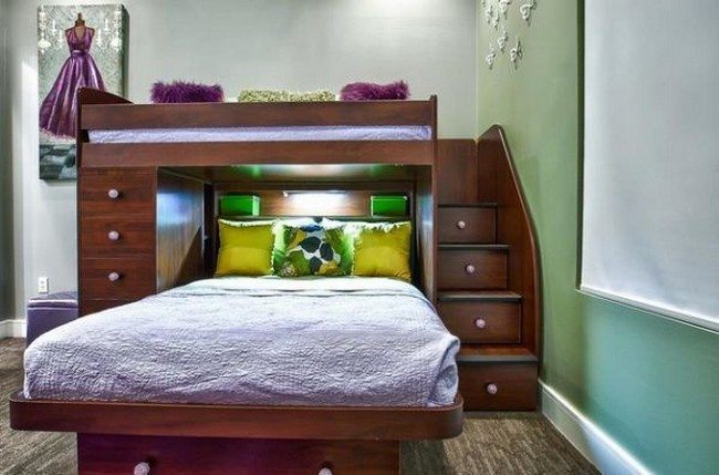 Twin bed over full bunk bed with stairs that double as drawers
