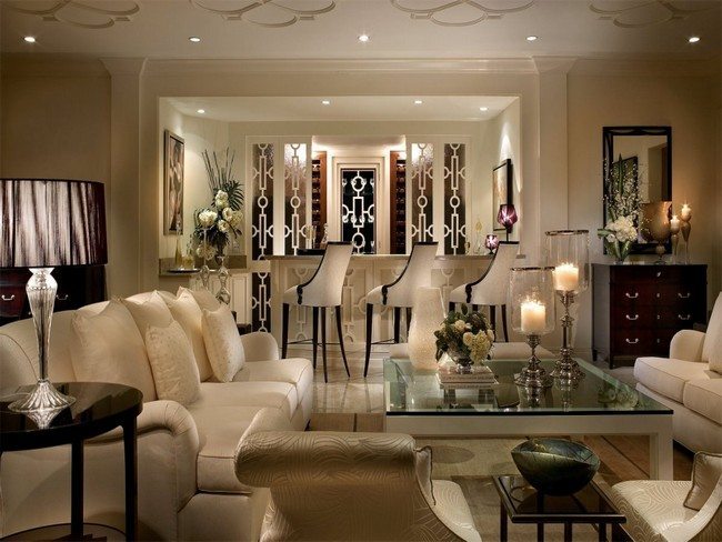 Elegant furniture upholstered in white and cream fabric
